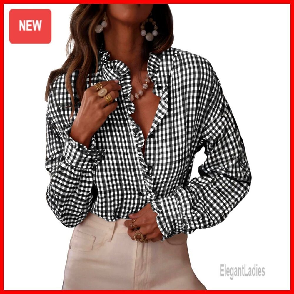 Long Sleeve Button Down Blouse Plaid Ruffle V-Neck Work Casual Top